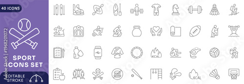 Sport icons set. Contain icons related to baseball, basketball, soccer, and other sports. Editable stroke