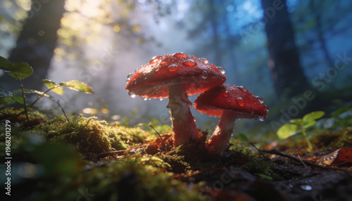 Red capped mushroom macro on mossy forest floor with morning dew for nature wallpaper and woodland background scene