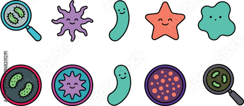 Stylized decorative microorganism and microbiology icon illustration featuring bacteria, amoeba, petri dishes, magnifying glass, colorful microbes, creative educational artwork design.