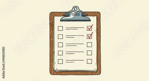 A hand drawn style illustration of a wooden clipboard holding a checklist with multiple items, two completed with red checkmarks, useful for business, education, planning, or productivity