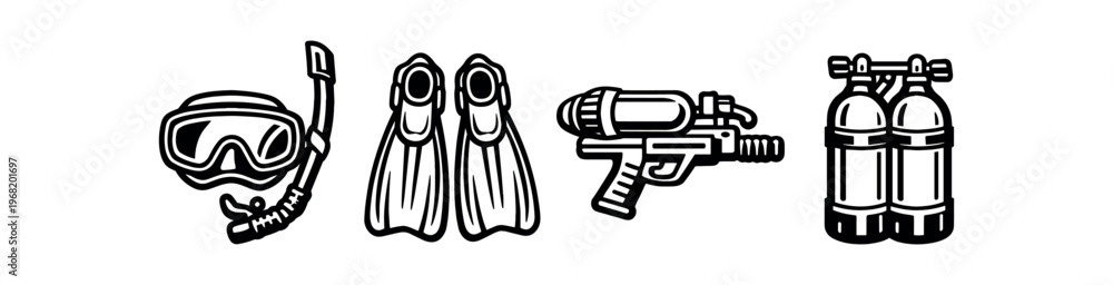 Obraz premium Scuba diving and underwater gear icon set. snorkel mask, swim fins, water gun, twin scuba tanks, diving equipment, underwater exploration. line vector illustration.
