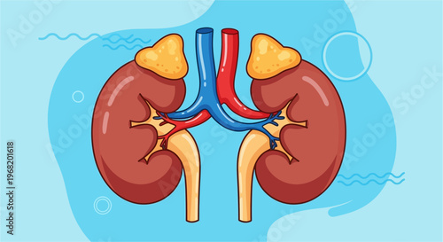 A cartoon illustration of human kidneys with arteries, veins, and adrenal glands on a blue background.