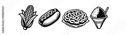 Carnival snacks icon set. corn on the cob, hot dog, funnel cake, shaved ice, fair food, street food, summer treats. line vector illustration.