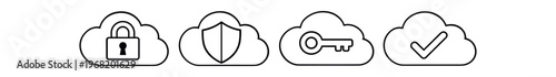 Cloud security icon set. lock, shield, key, check mark, authentication, protection, cloud storage. line vector icon set.