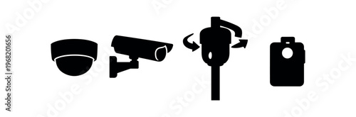 Security camera icon set. surveillance, cctv, dome camera, bullet camera, ptz, video monitoring, doorbell camera. flat vector illustration.