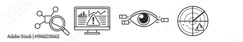 Security and analytics outline icon set. network search, monitoring alert, visual inspection, radar target. line vector illustration.