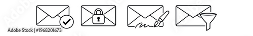 Email envelope outline icon set. mail, message, secure mail, signed letter, filtered mail. line vector illustration.