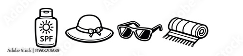Sun protection and beach accessories icon set. sunscreen, sun hat, sunglasses, beach towel, summer essentials, sun safety. line vector illustration.