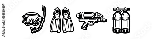 Scuba diving and underwater gear icon set. snorkel mask, swim fins, water gun, twin scuba tanks, diving equipment, underwater exploration. line vector illustration.