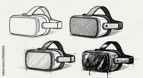 Evolving virtual reality headset visual representations depicting modern immersive technology for advanced electronics publications and immersive media projects