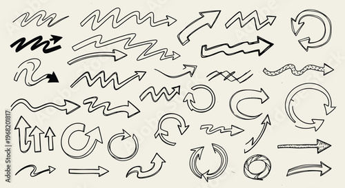 A versatile collection of handdrawn doodle arrows and directional symbols offering a dynamic way to indicate movement, emphasize information, and guide user interaction across various