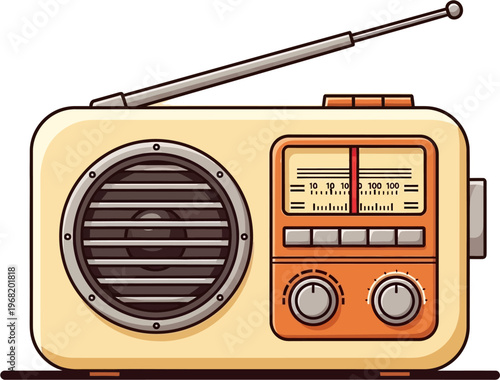 A vintage portable radio with an extendable antenna, tuning dial, and speaker, rendered in a retro cartoon style with beige and orange colors.