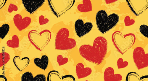 Seamless background featuring scattered handdrawn grunge hearts in red and black colors on a vibrant textured yellow surface, perfect for romantic celebrations or event decorations.