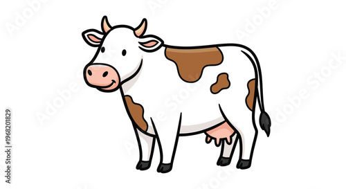 A friendly smiling dairy farm animal standing peacefully with brown spots and udders for agricultural and food industry related educational and marketing uses.