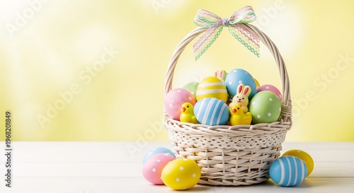 Wicker basket filled with colorful Easter eggs placed on soft yellow background symbolizing joyful spring celebration.