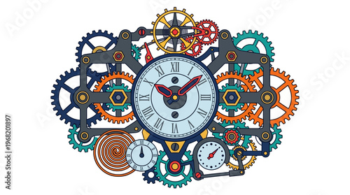 Steampunk clock with colorful gears.