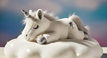 Cute White Unicorn Plush Toy Resting on a Soft Cloud Dreamy Fantasy Stock Photo