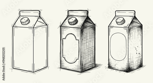 Hand drawn sketch style set of various beverage cartons with screw caps offering a unique graphic element for food and drink packaging concepts or grocery store design templates