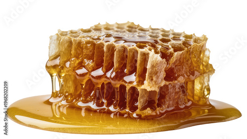 Golden raw honeycomb dripping with viscous amber honey, perfectly showcasing natural sweetness and texture isolated on transparent background for food branding