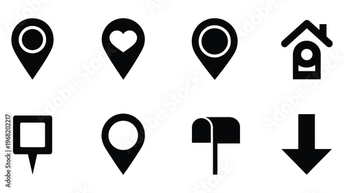 Black map pin and location icons on a white background, simple vector design for maps