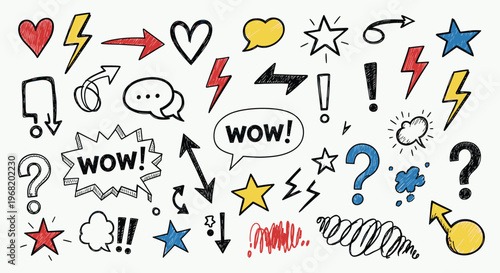 A lively collection of hand drawn doodle icons and expressive comic book style symbols featuring hearts stars arrows speech bubbles and lightning bolts useful for graphic resources and