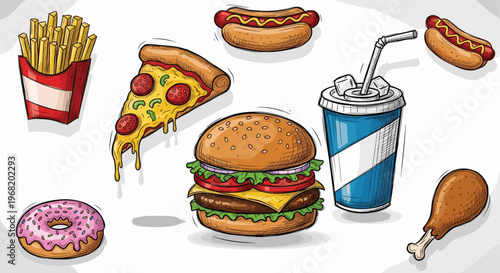 A delectable assortment of popular fast food items including french fries pizza hot dogs burger soda donut and fried chicken drumstick perfect for restaurant menus promotions or foodrelated