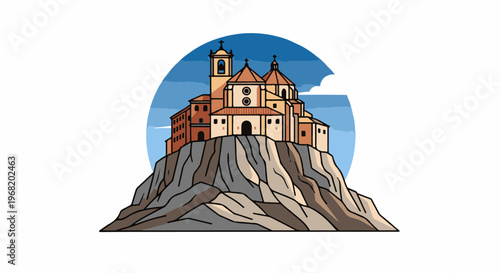 Stylized illustration of a grand structure atop a rocky peak, against a sky