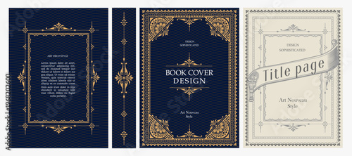 Classic vintage book cover, title page, spine design with Art Deco, Baroque, Art Nouveau and Victorian ornaments. Elegant decorative frame, retro style for publications, posters and artistic layouts.