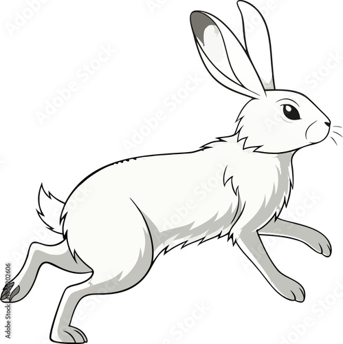 A single, fluffy white rabbit is positioned in the center of the frame, captured mid-leap. The rabbit is shown in a three-quarter side profile, moving toward the right. Its ears are perked up, and the