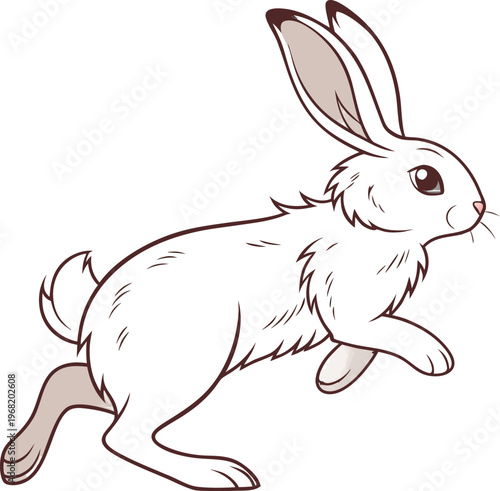 A single, fluffy white rabbit is positioned in the center of the frame, captured mid-leap. The rabbit is shown in a three-quarter side profile, moving toward the right. Its ears are perked up, and the