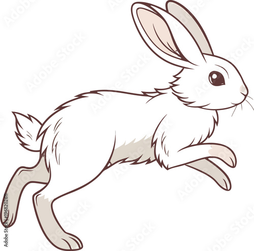 A single, fluffy white rabbit is positioned in the center of the frame, captured mid-leap. The rabbit is shown in a three-quarter side profile, moving toward the right. Its ears are perked up, and the