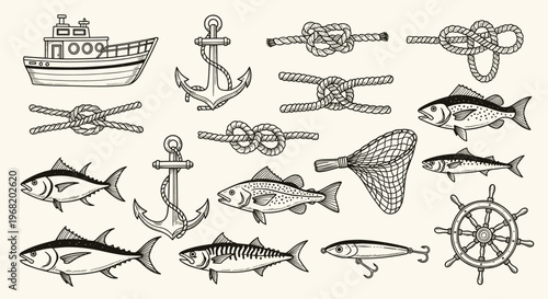 Diverse maritime and angling essentials featuring various fish, nautical rope knots, boat, anchors, ships wheel, fishing net, and lure for oceanthemed projects and marine lifestyle visuals.