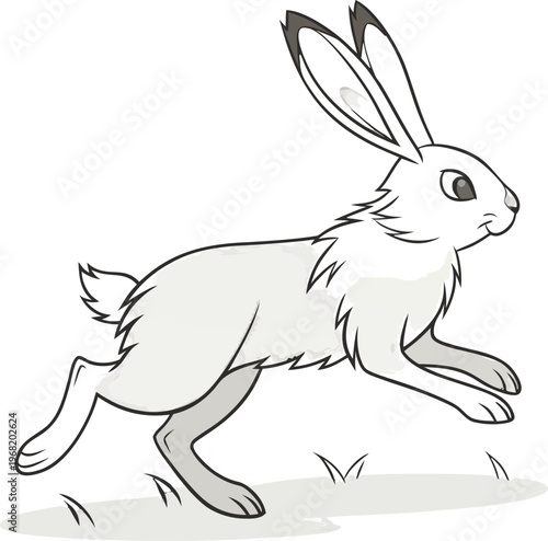 A single, fluffy white rabbit is positioned in the center of the frame, captured mid-leap. The rabbit is shown in a three-quarter side profile, moving toward the right. Its ears are perked up, and the