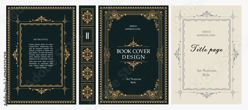 Classic vintage book cover, title page, spine design with Art Deco, Baroque, Art Nouveau and Victorian ornaments. Elegant decorative frame, retro style for publications, posters and artistic layouts.