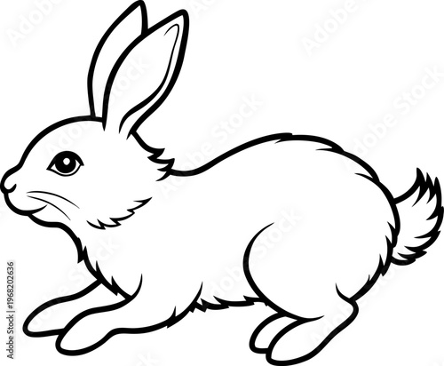 A single, fluffy white rabbit is positioned in the center of the frame, captured mid-leap. The rabbit is shown in a three-quarter side profile, moving toward the right. Its ears are perked up, and the