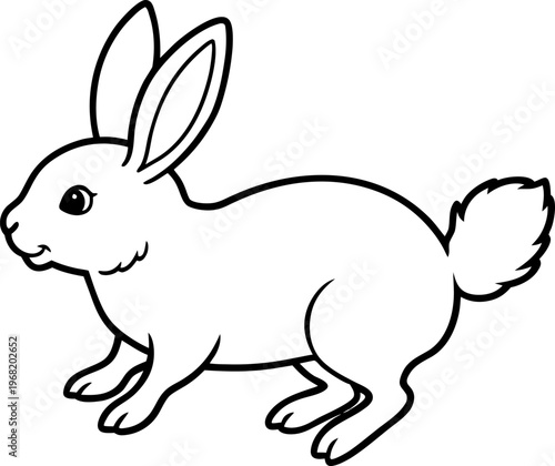 A single, fluffy white rabbit is positioned in the center of the frame, captured mid-leap. The rabbit is shown in a three-quarter side profile, moving toward the right. Its ears are perked up, and the