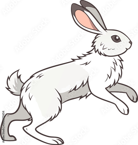 A single, fluffy white rabbit is positioned in the center of the frame, captured mid-leap. The rabbit is shown in a three-quarter side profile, moving toward the right. Its ears are perked up, and the