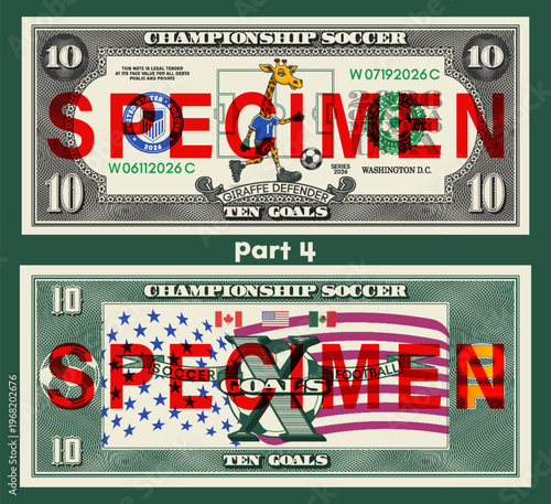 Vector banknote, denomination of 10 goals. Cartoon cute running giraffe, ball and football uniform. Obverse, reverse. 2026. championship. Flags of United States, Canada and Mexico. Soccer ten