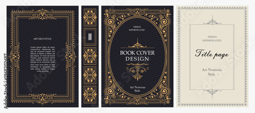 Classic vintage book cover, title page, spine design with Art Deco, Baroque, Art Nouveau and Victorian ornaments. Elegant decorative frame, retro style for publications, posters and artistic layouts.