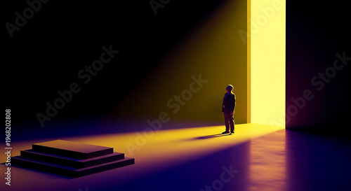 person standing in front of bright doorway with stairs