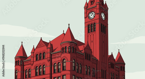 Stylized illustration of a grand red brick building with a prominent clock tower and turrets