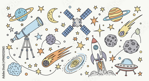 Explore the wonders of outer space with this collection of playful cosmic objects including planets, rockets, and stars, perfect for childrens educational materials or themed projects.