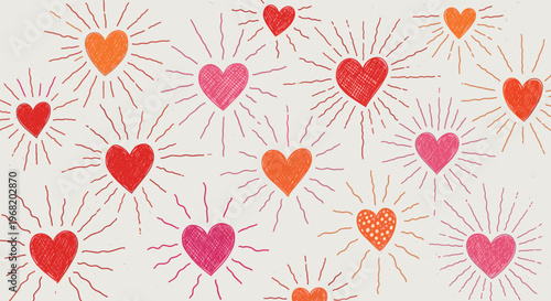 Vibrant hand drawn hearts with radiating lines create a joyful background perfect for expressing love and warmth on holidays or for special occasions, ideal for greeting materials and