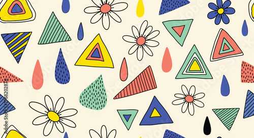 Vibrant cheerful composition featuring abstract geometric shapes and charming daisy flowers creating a lively modern visual for fabric prints and childrens product packaging