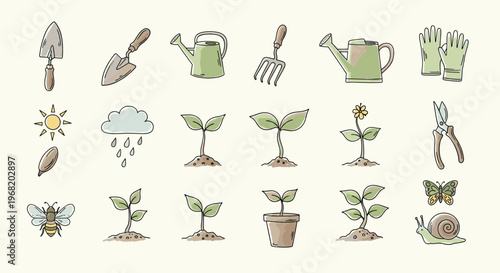 Collection of hand drawn gardening tools young plants insects and weather elements ideal for educational resources and nature themed projects