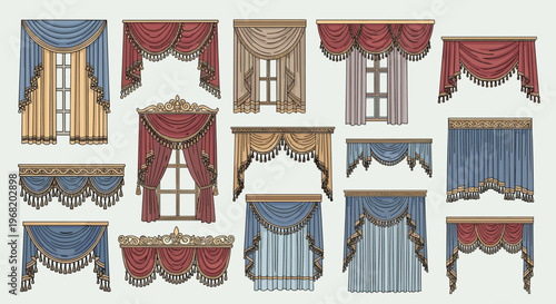 Luxurious window treatment collection featuring elegant classical drapes, sophisticated valances, and opulent curtains with decorative tassels and rich fabrics, ideal for upscale interior