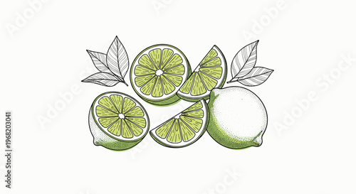 Fresh green limes whole and sliced with tropical leaves in a classic engraving style perfect for food packaging, drink menus, or healthy lifestyle promotions