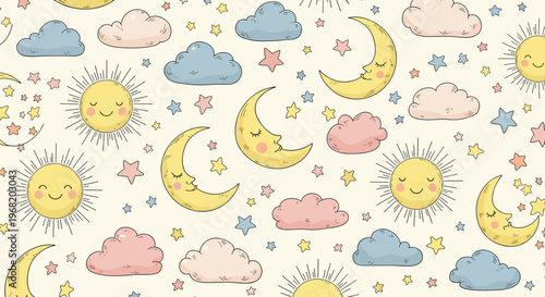 A heartwarming collection of sleeping moon faces, smiling suns, fluffy clouds, and scattered stars creates a gentle repeating print, ideal for nursery wallpaper, childrens apparel, or