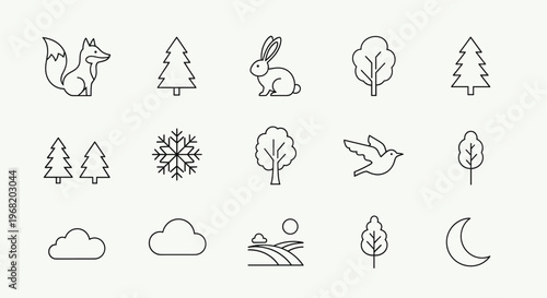 Collection of simple nature and weather line icons featuring a fox, rabbit, multiple trees, snowflake, flying bird, clouds, serene landscape, and a moon, excellent for web and mobile