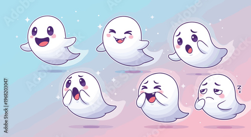 Set of delightful ghost characters showing different emotions like happiness laughter surprise and sleepiness ideal for cheerful Halloween celebrations and engaging kids spooky content